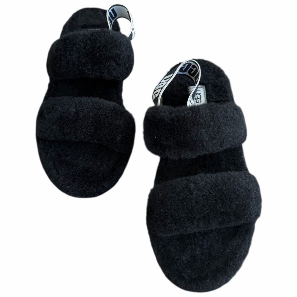 UGG Oh Yeah Black Fluff Sheepskin Black  Double-Strap Slingback Slippers size 9